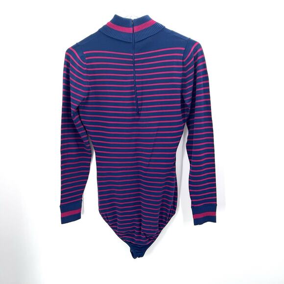 Vintage 70's Jump Shirt Red Navy Blue Striped Ribbed Turtleneck Bodysuit Medium - Picture 3 of 5
